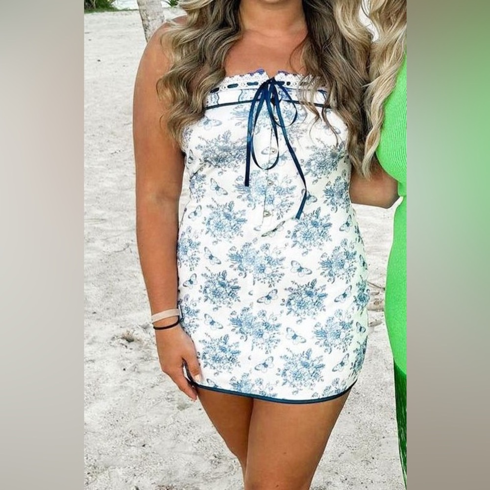 blue and white mini dress